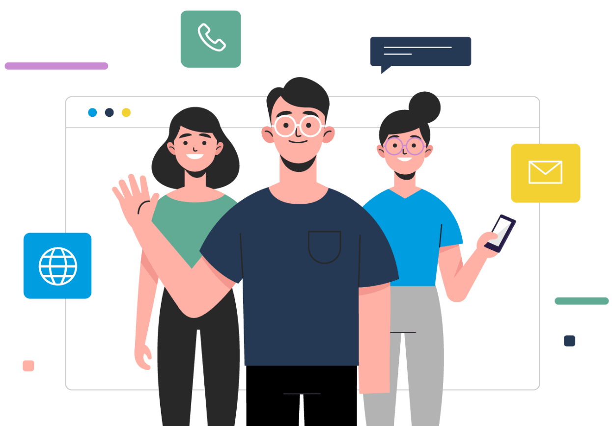 Illustration of people in front of a browser with floating around contact icons